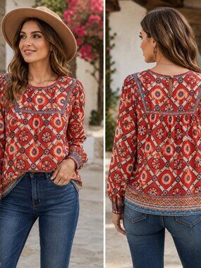 Flying Tomato Semi Sheer Boho Mosaic Print Blouse Small Boutique Top
